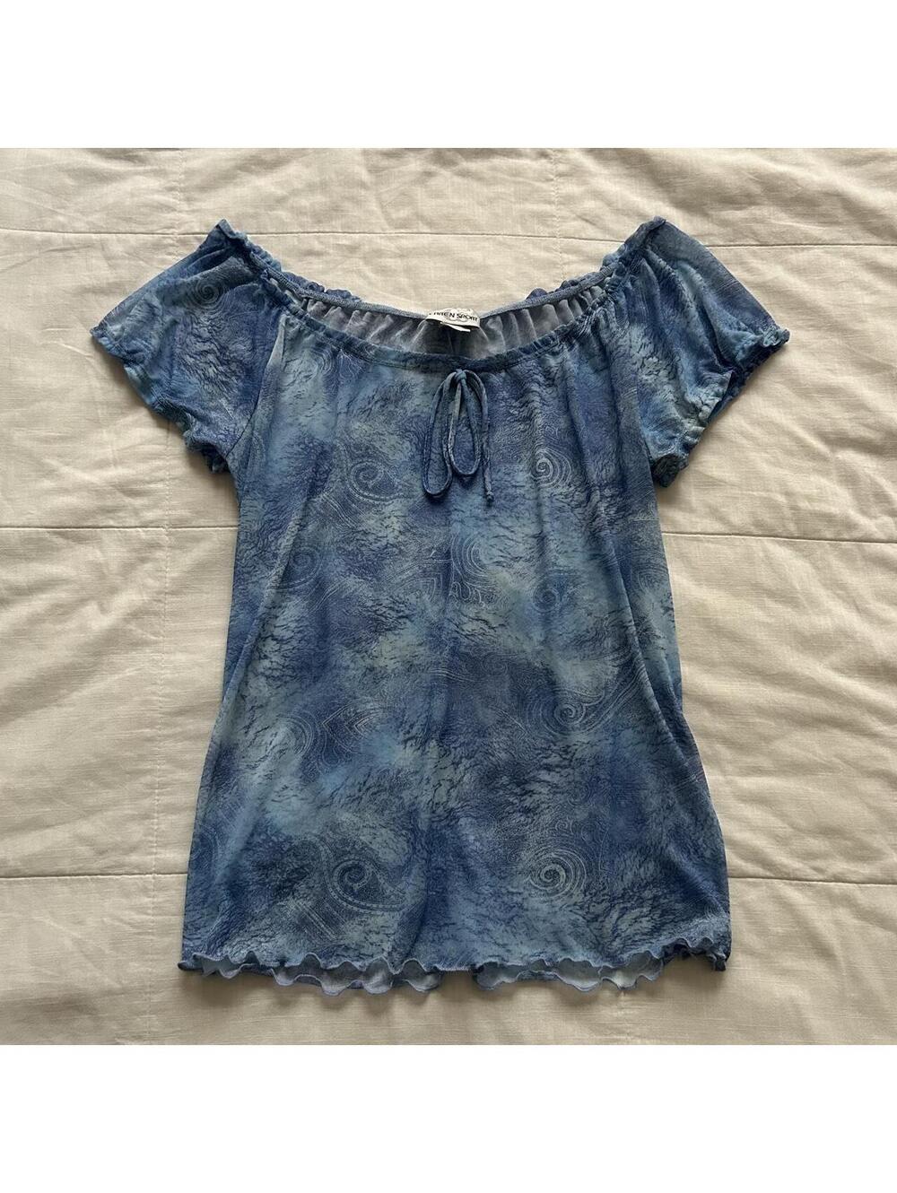 Y2K Blue Paisley Mesh Top Tie Neck Lettuce Trim Short Sleeve 3X